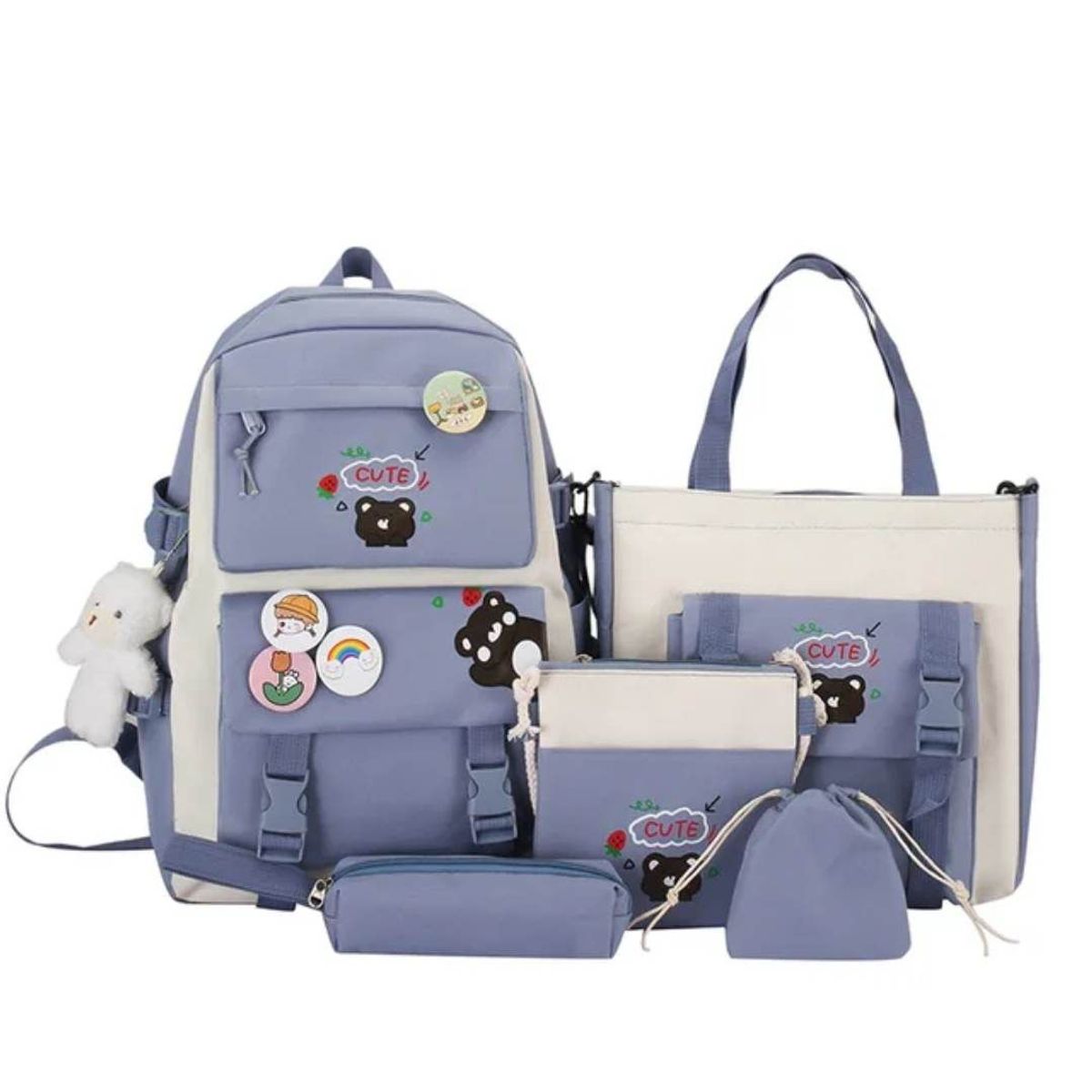 GENERICO - Mochila Coreana Kawai 5 en 1 con pines y peluche - Niñas Colegio