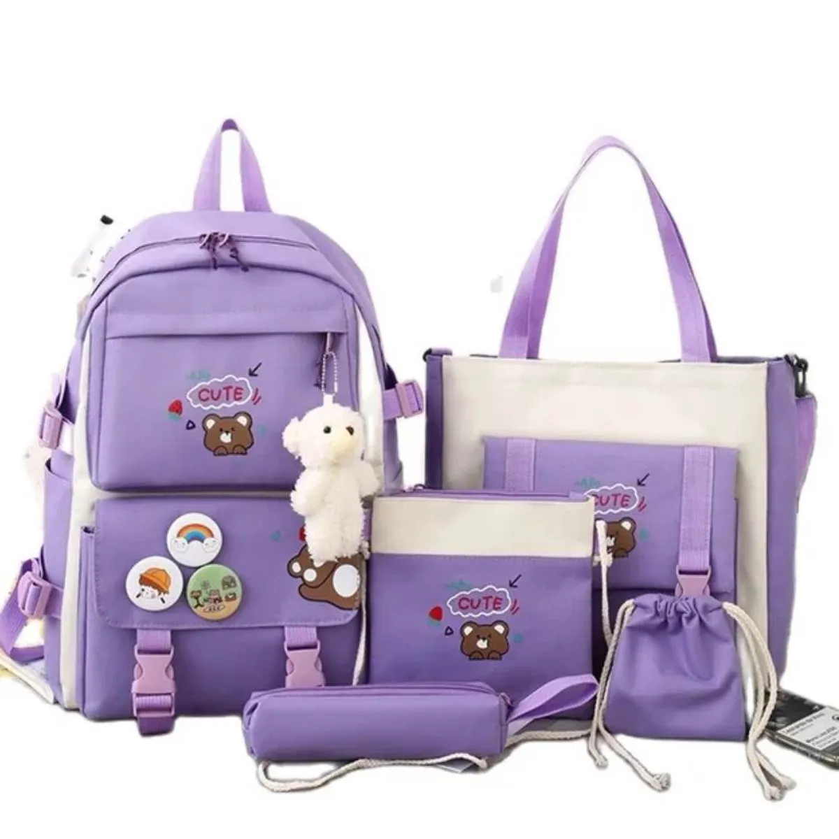 GENERICO - Mochila Coreana Kawai 5 en 1 con pines y peluche - Niñas Colegio