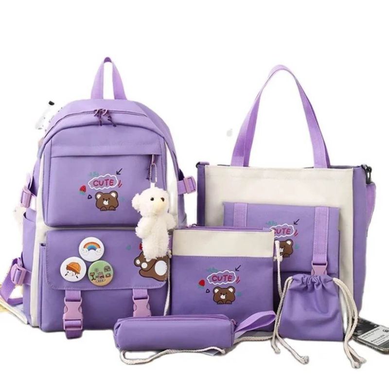 GENERICO - Mochila Coreana Kawai 5 en 1 con pines y peluche - Niñas Colegio