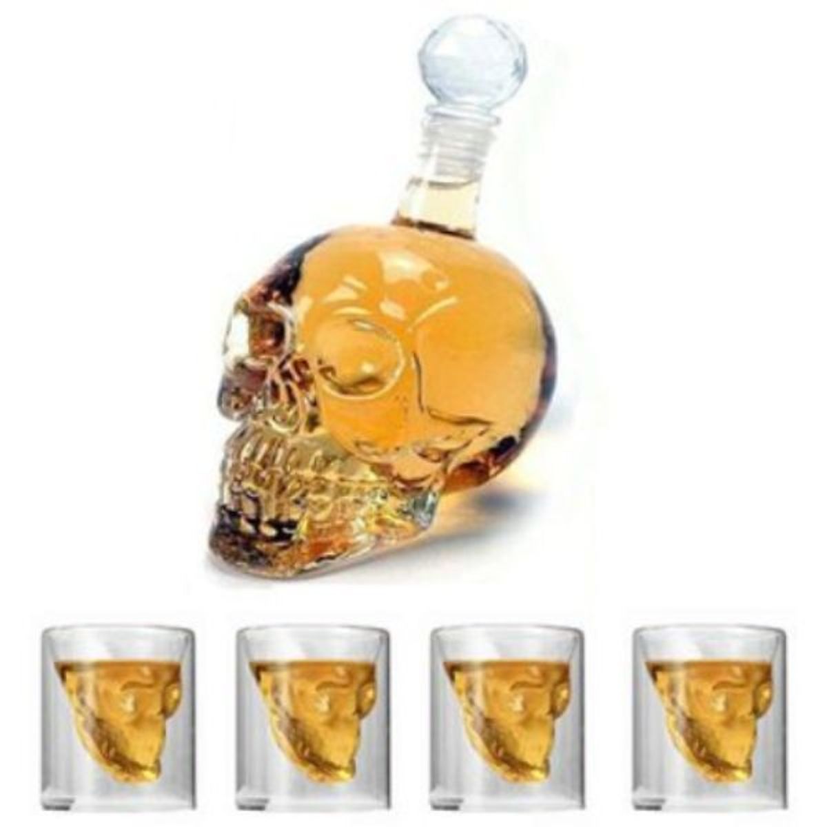 GENERICO - SET 01 BOTELLA CALAVERA 1 litro + 4 Vasitos calavera todo en Vidrio