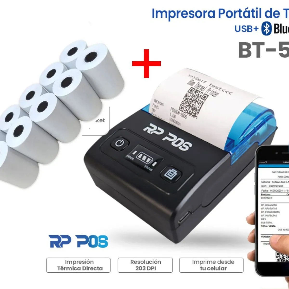 RP POS - Impresora térmica de ticket 58mm portable RP POS BLUETOOTH - 10 ROLLOS