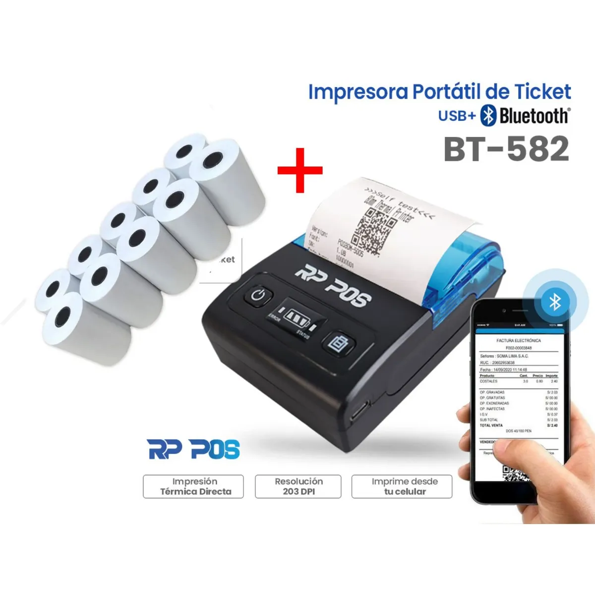 RP POS - Impresora térmica de ticket 58mm portable RP POS BLUETOOTH - 10 ROLLOS