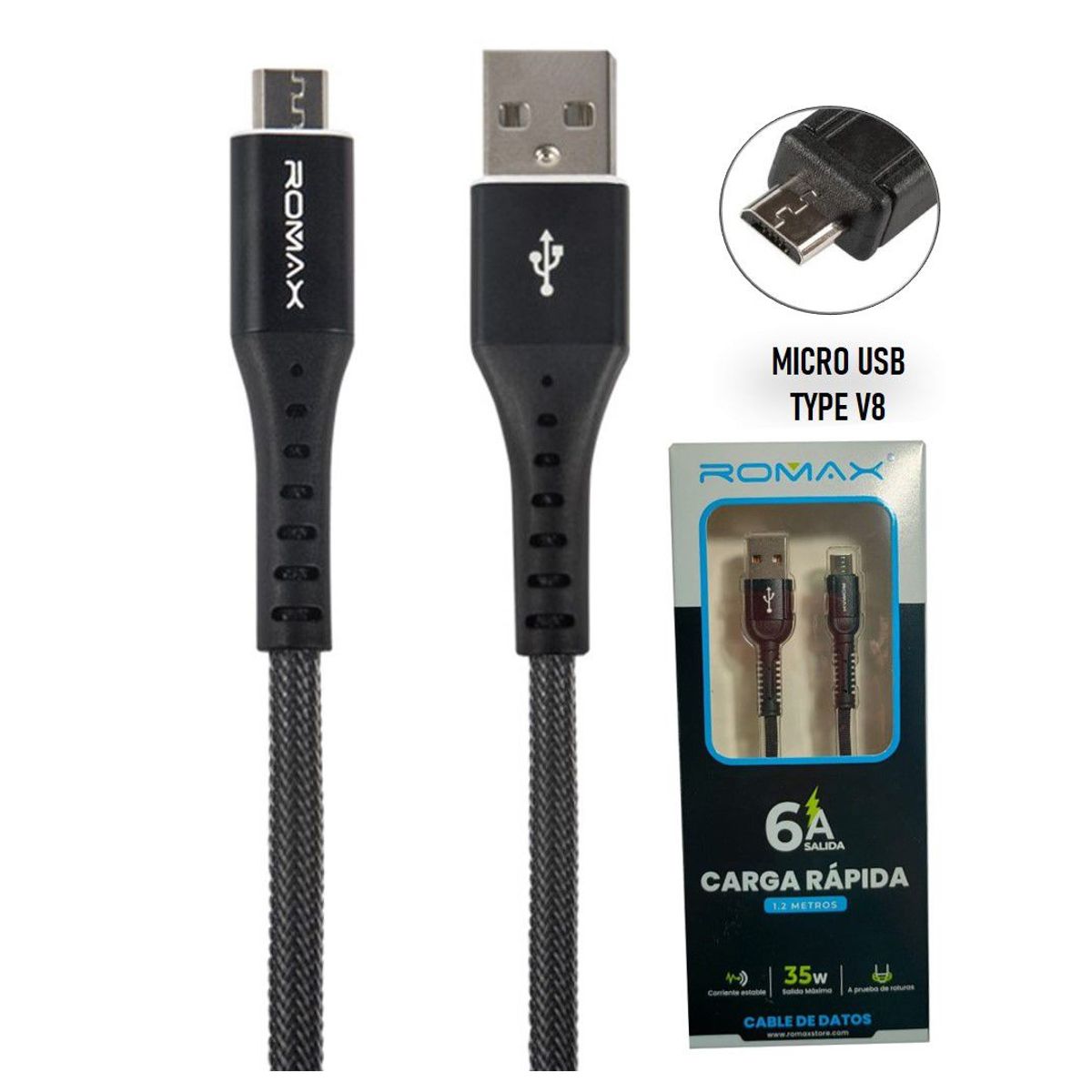 GENERICO - Cable Cargador Tipo V8 Romax para Carga Rapida de 6A Negro