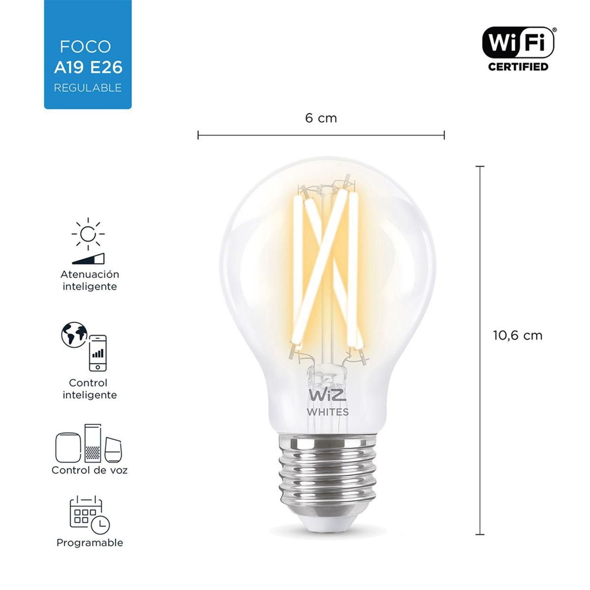 WIZ - Foco LED Filamento Inteligente WiZ Luz Fría y Cálida A60 7W