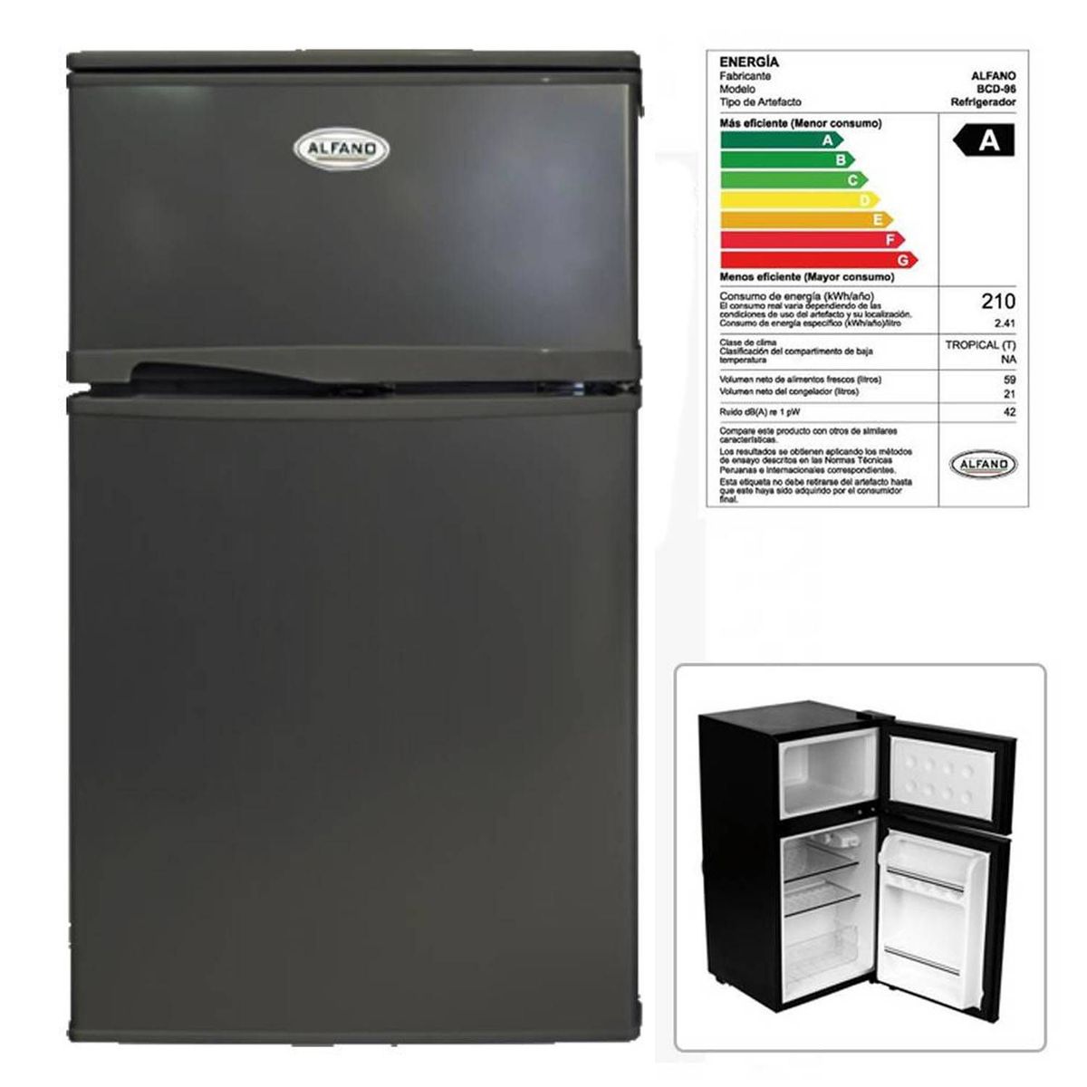 ALFANO - Frigobar 2 Puertas 85Lt BCD-96 – Negro