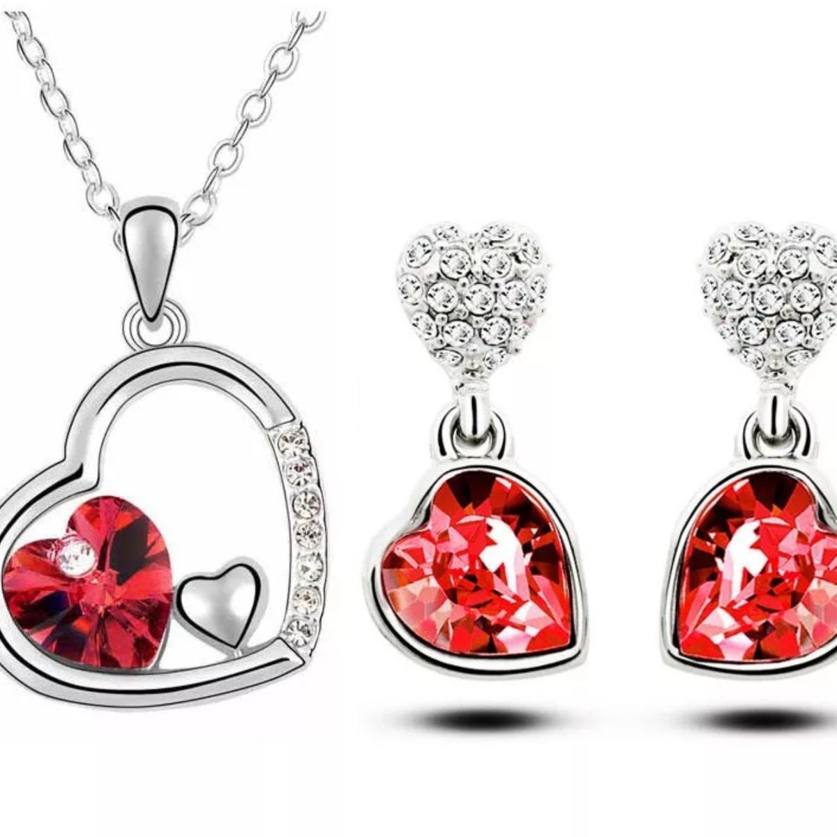 GENERICO - Pack de Joyas Corazón Rojo Collar y Aretes - Genieka_.