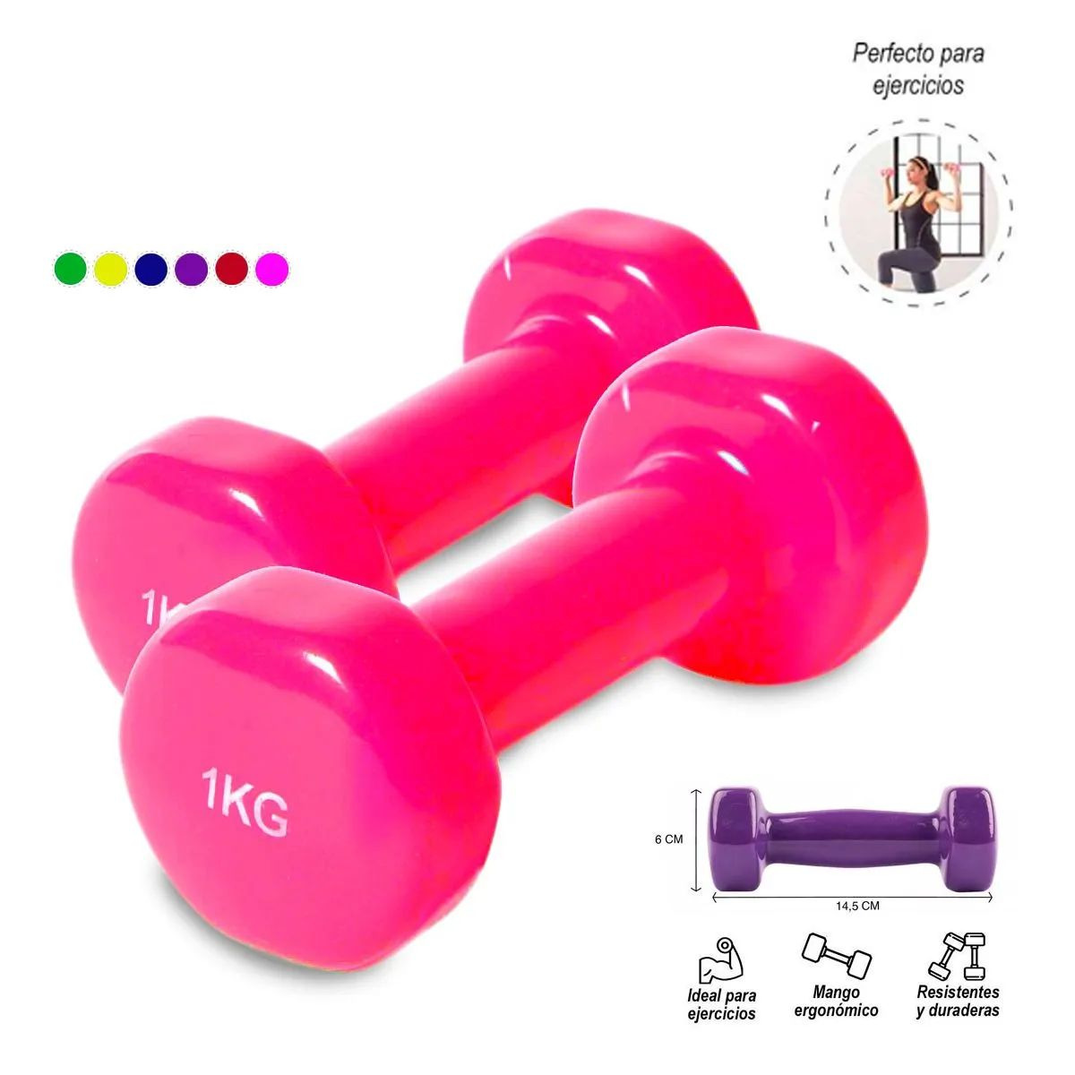 GENERICO - Par De Pesas de 1 Kg Mancuernas Plastificadas de Vinil