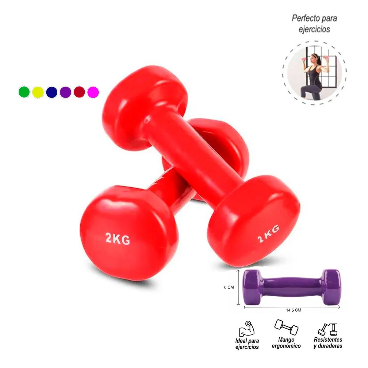 GENERICO - Par De Pesas de 1 Kg Mancuernas Plastificadas de Vinil