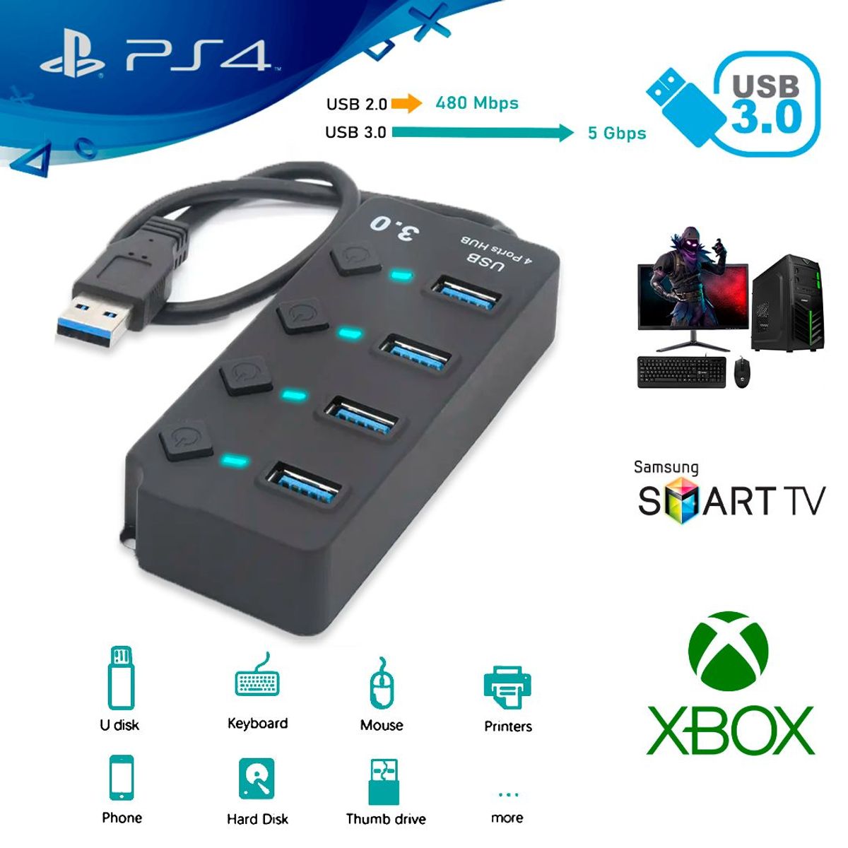 GENERICO - Hub usb 3.0 para xbox y playstation 4 pro,smart tv