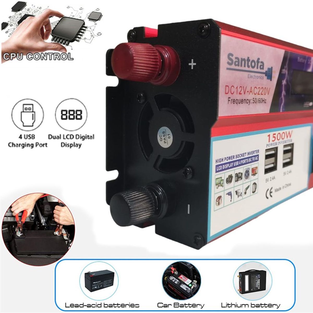 SANTOFA ELECTRONICS - Inversor de Corriente 12v a 220v 1500w pantalla LCD 4 USB 3 Sockets