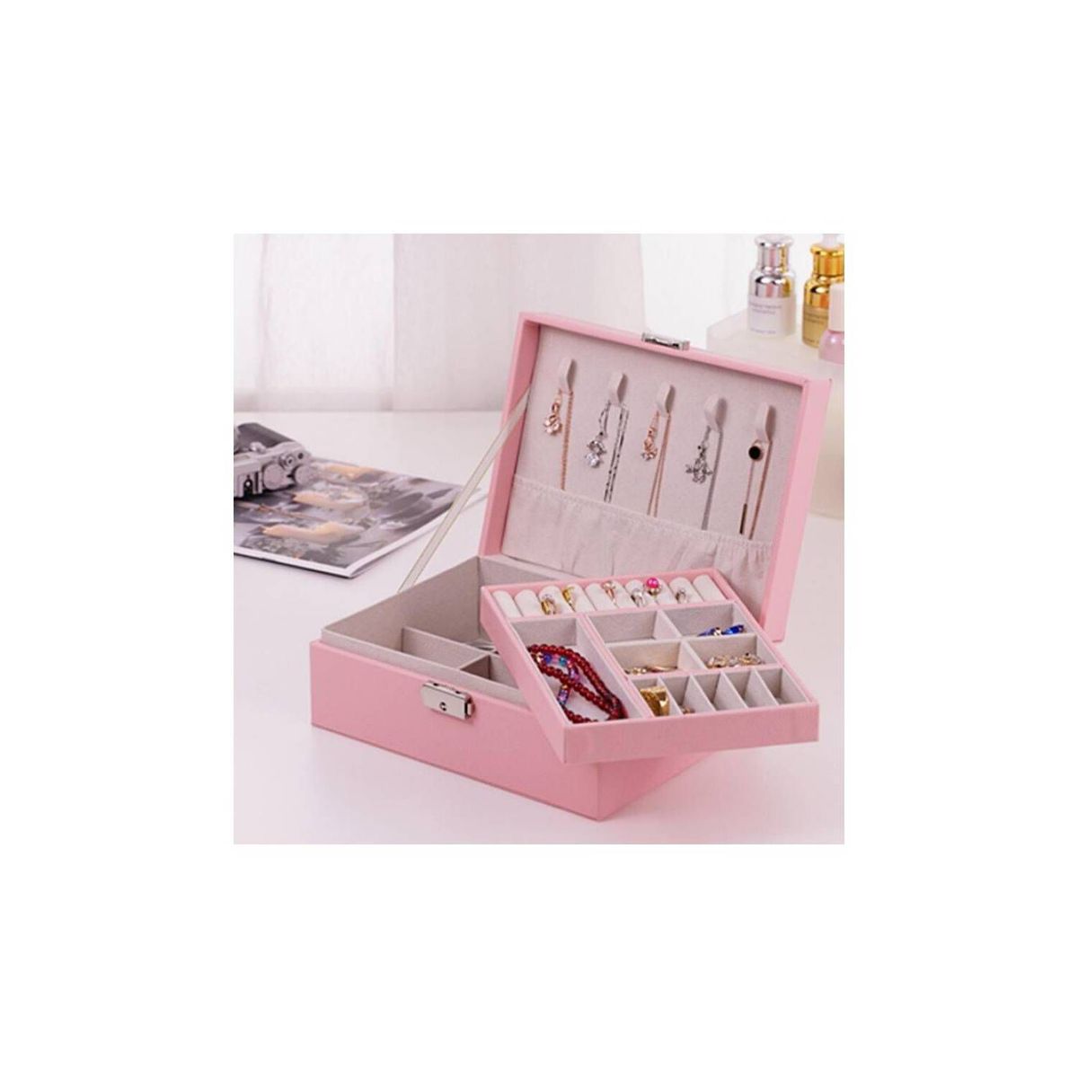 GENERICO - Joyero Cofre Portátil Caja Organizadora de Joyas 2 Pisos en 1