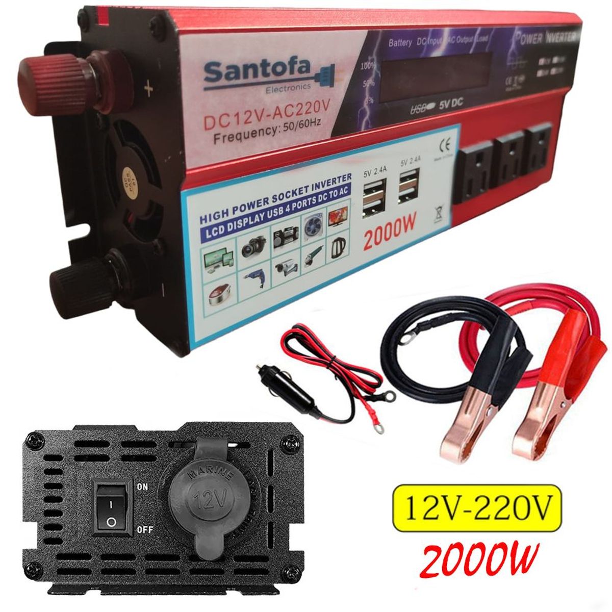 SANTOFA ELECTRONICS - Inversor de Corriente 12v a 220v 2000w pantalla LCD 4 USB 3 Sockets