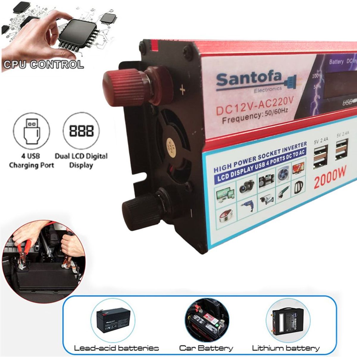 SANTOFA ELECTRONICS - Inversor de Corriente 12v a 220v 2000w pantalla LCD 4 USB 3 Sockets