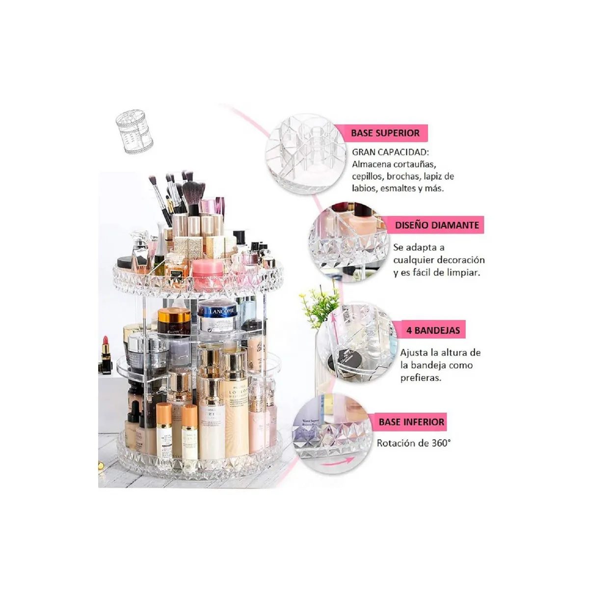 GENERICO - Organizador Maquillaje Acrílico Giratorio 360°