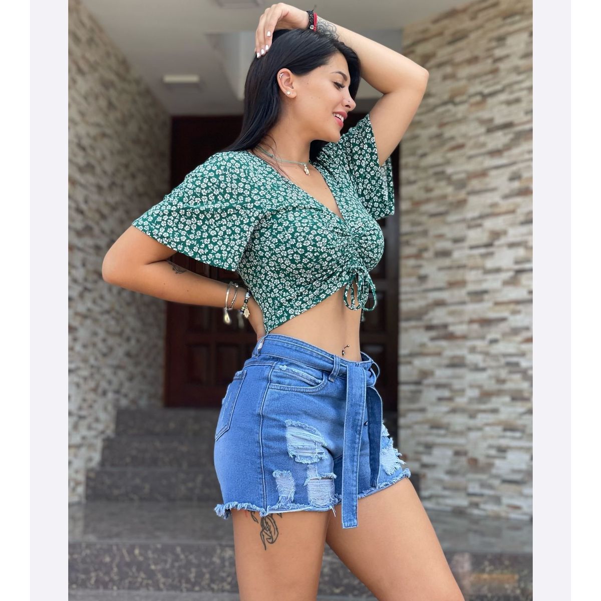 BENCUS JEANS - Short Corto Denim Lazo Rasgado Mujer