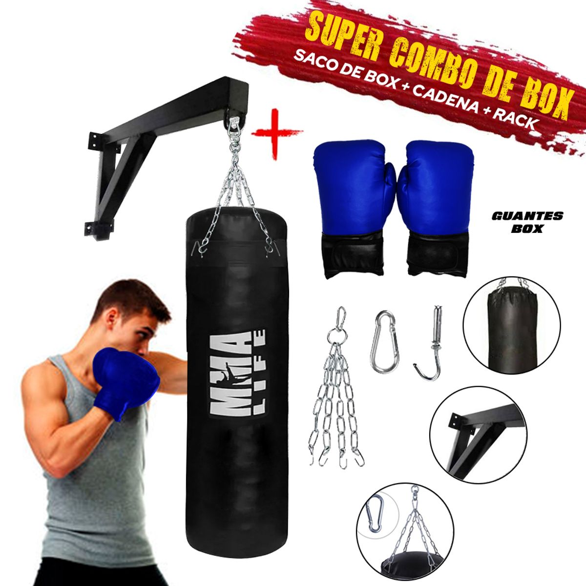 HOLGU - Saco de box 120cm RACK cadena guantes de box SUPER COMBO BOX