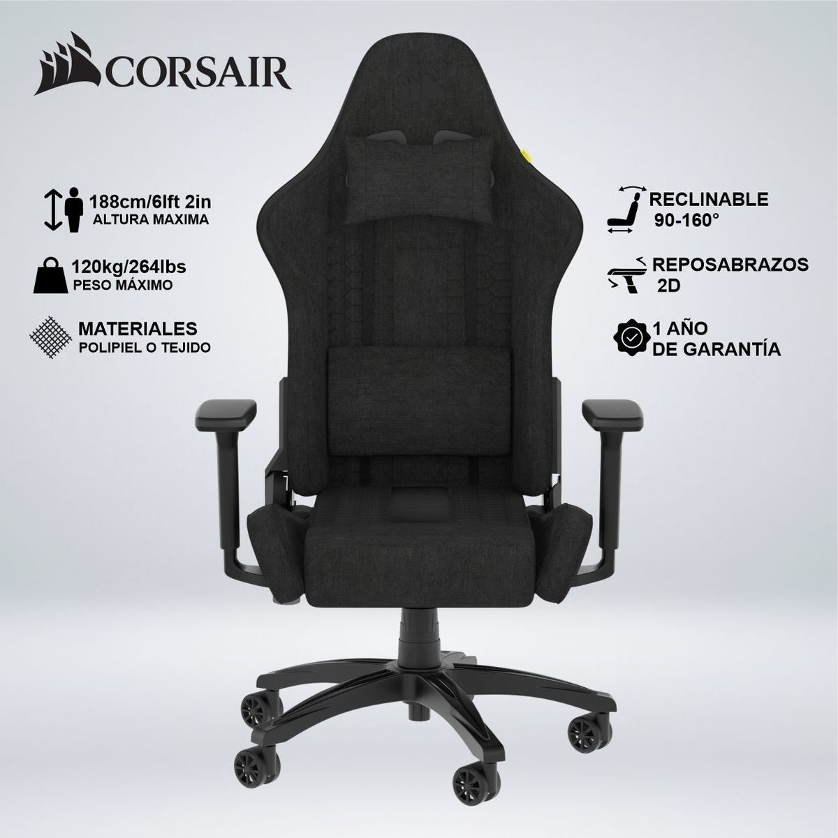CORSAIR - SILLA GAMER CORSAIR TC100 RELAXED TELA 2 COJINES RECLINA 160°