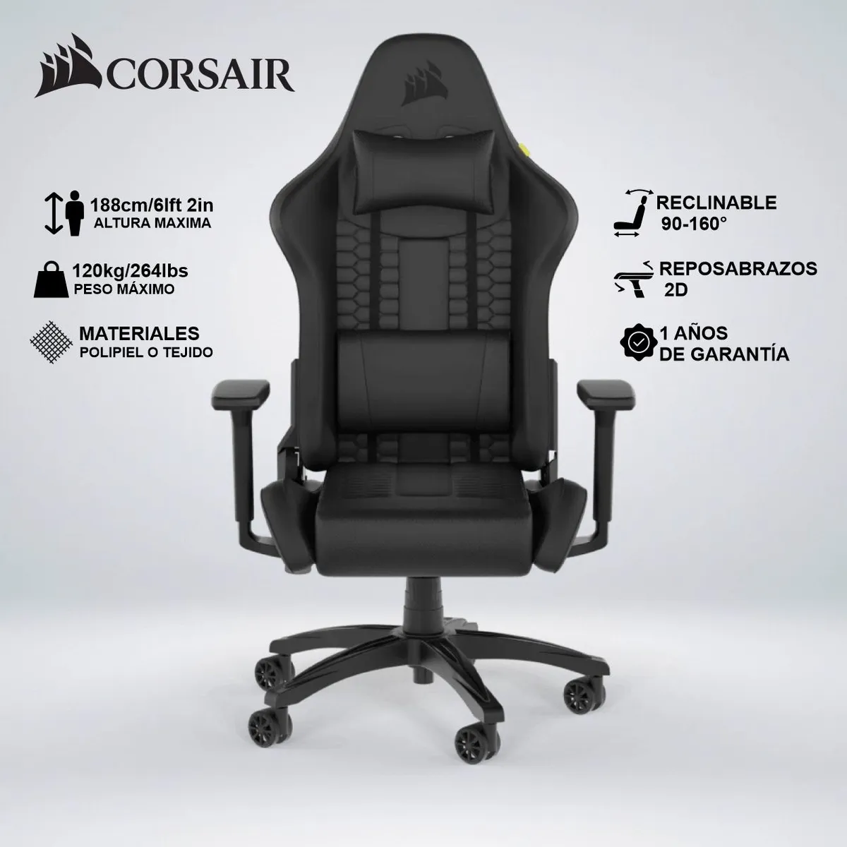 CORSAIR - SILLA GAMER CORSAIR TC100 RELAXED LEATHERETTE 2 COJINES RECLINA 160 °
