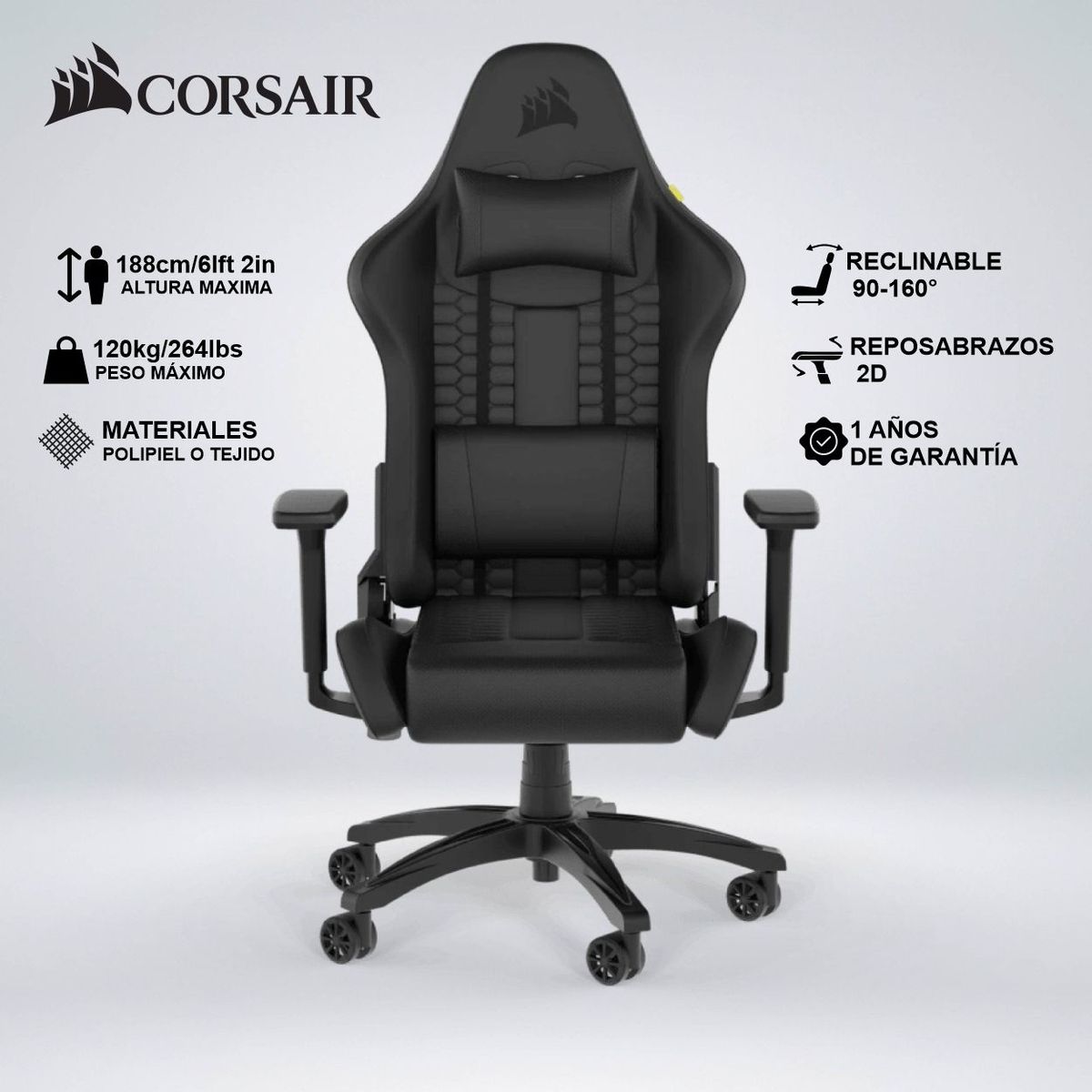 CORSAIR - SILLA GAMER CORSAIR TC100 RELAXED LEATHERETTE 2 COJINES RECLINA 160 °