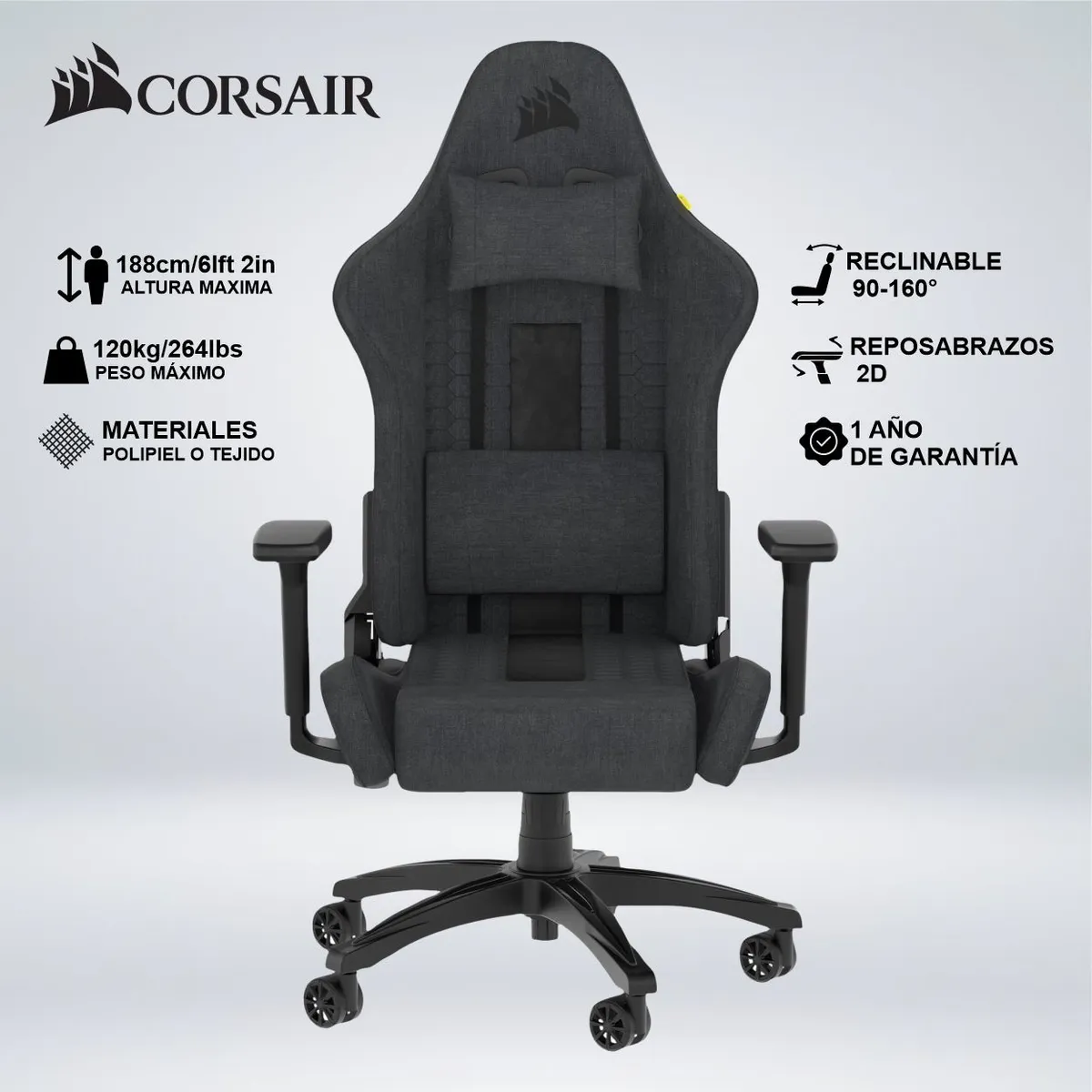 CORSAIR - SILLA GAMER CORSAIR TC100 RELAXED TELA 2 COJINES RECLINA 160°
