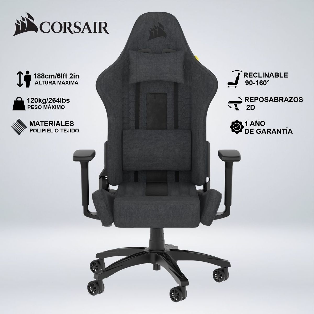 CORSAIR - SILLA GAMER CORSAIR TC100 RELAXED TELA 2 COJINES RECLINA 160°
