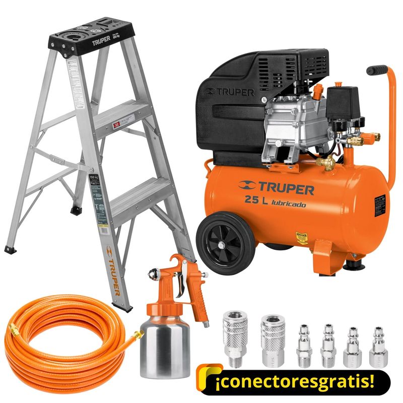 TRUPER - kit compresora de Aire 25Lt, escalera 2 peldaños, manguera y  pistola
