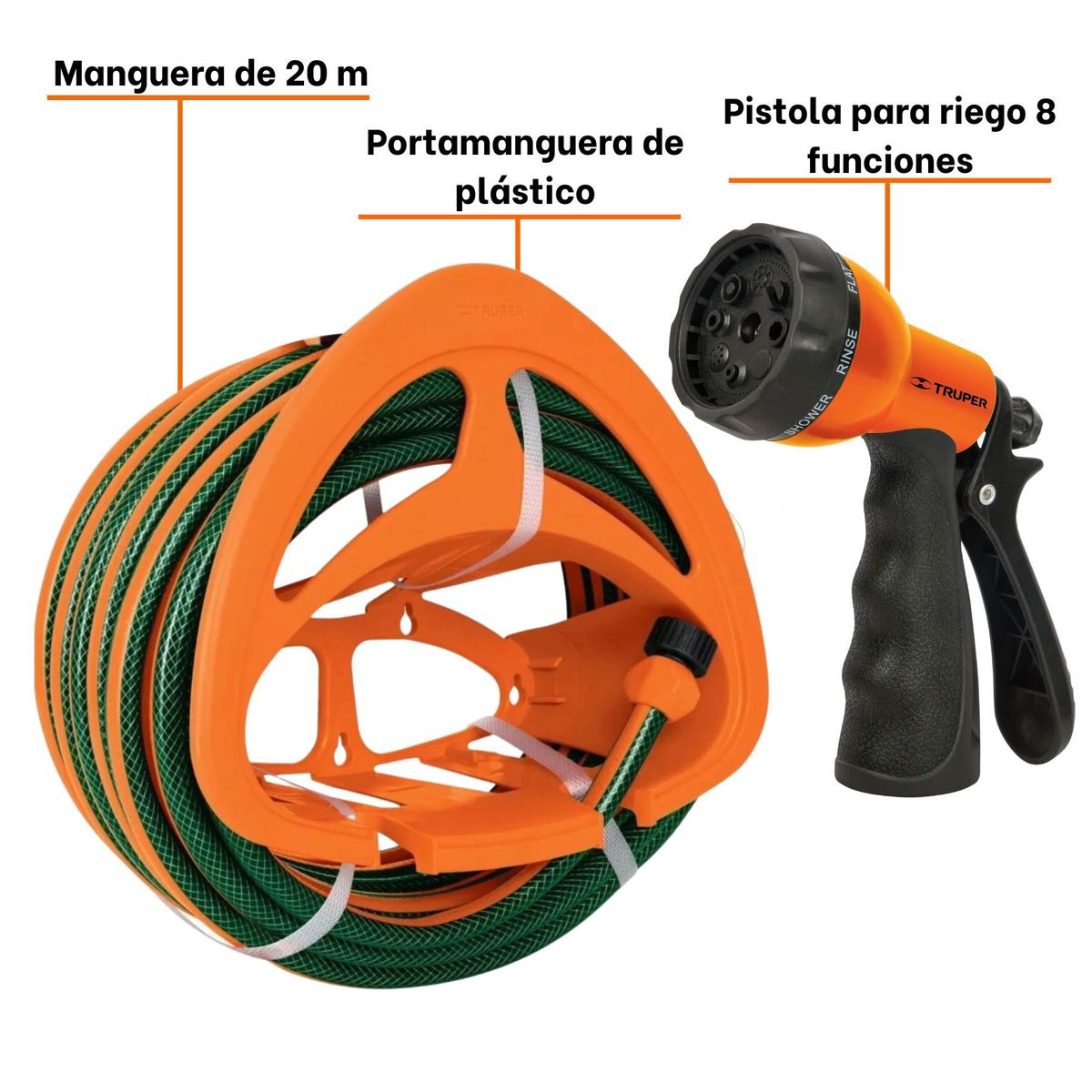 TRUPER - Manguera de riego 20m  pistola de riego y porta manguera Truper