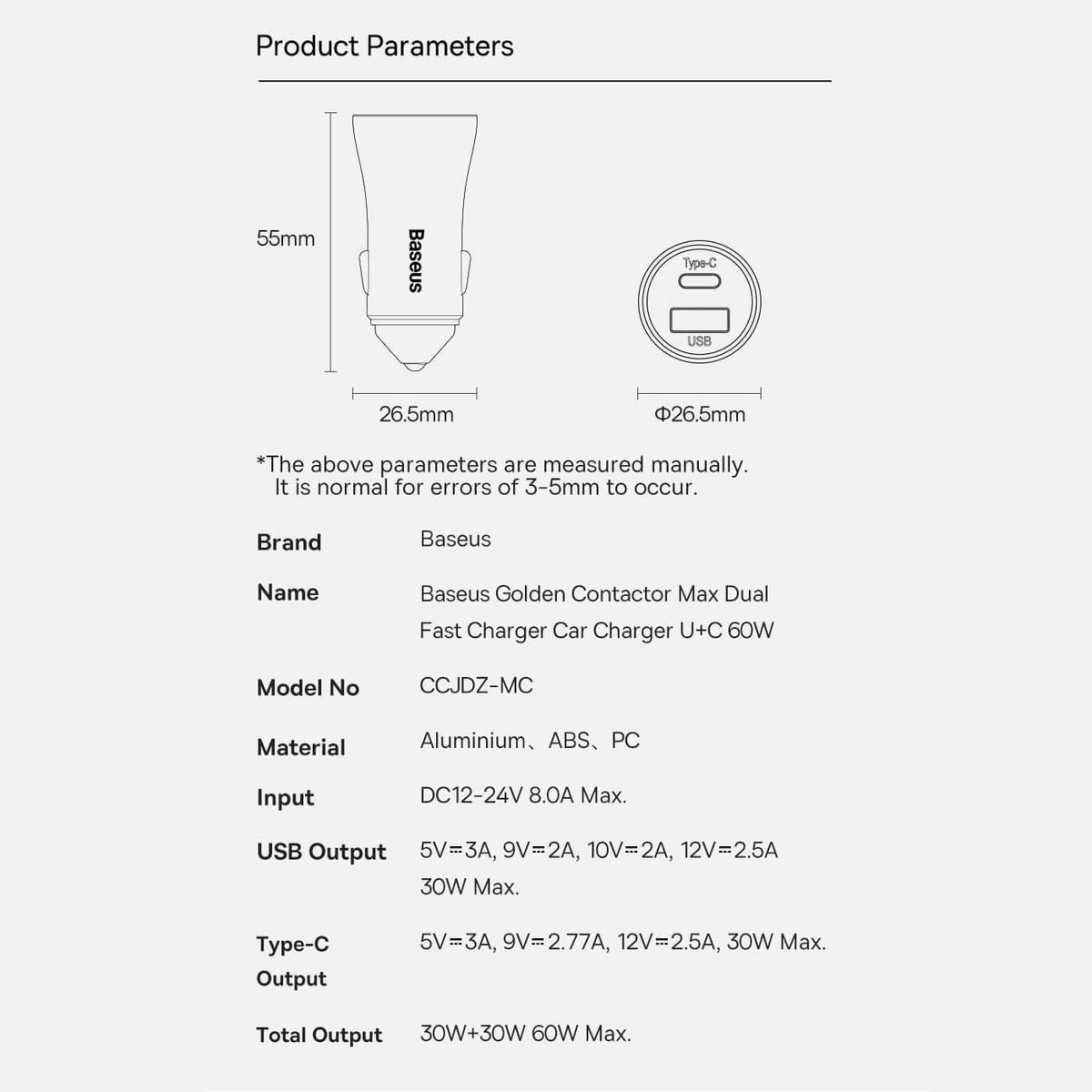 BASEUS - Cargador de Auto Carro 60w USB y USB-C BASEUS Carga Rapida