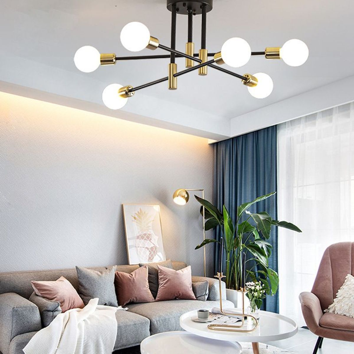 GENERICO - Lámpara colgante modelo araña dorado con negro- Incluye seis bombillas