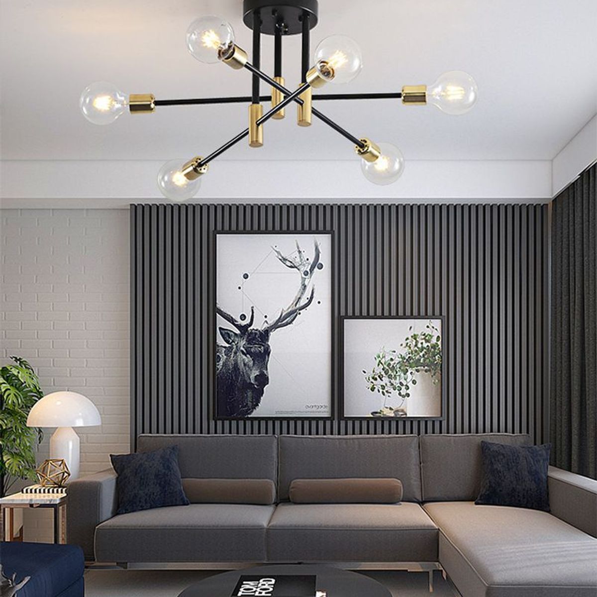 GENERICO - Lámpara colgante modelo araña dorado con negro- Incluye seis bombillas