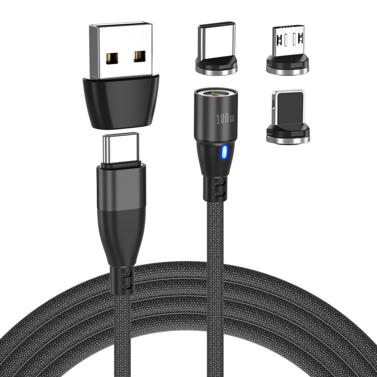 GREENPORT - Cable Cargador Magnético 100w Greenport 6 En 1 / 1 Metro - 360° -Negro