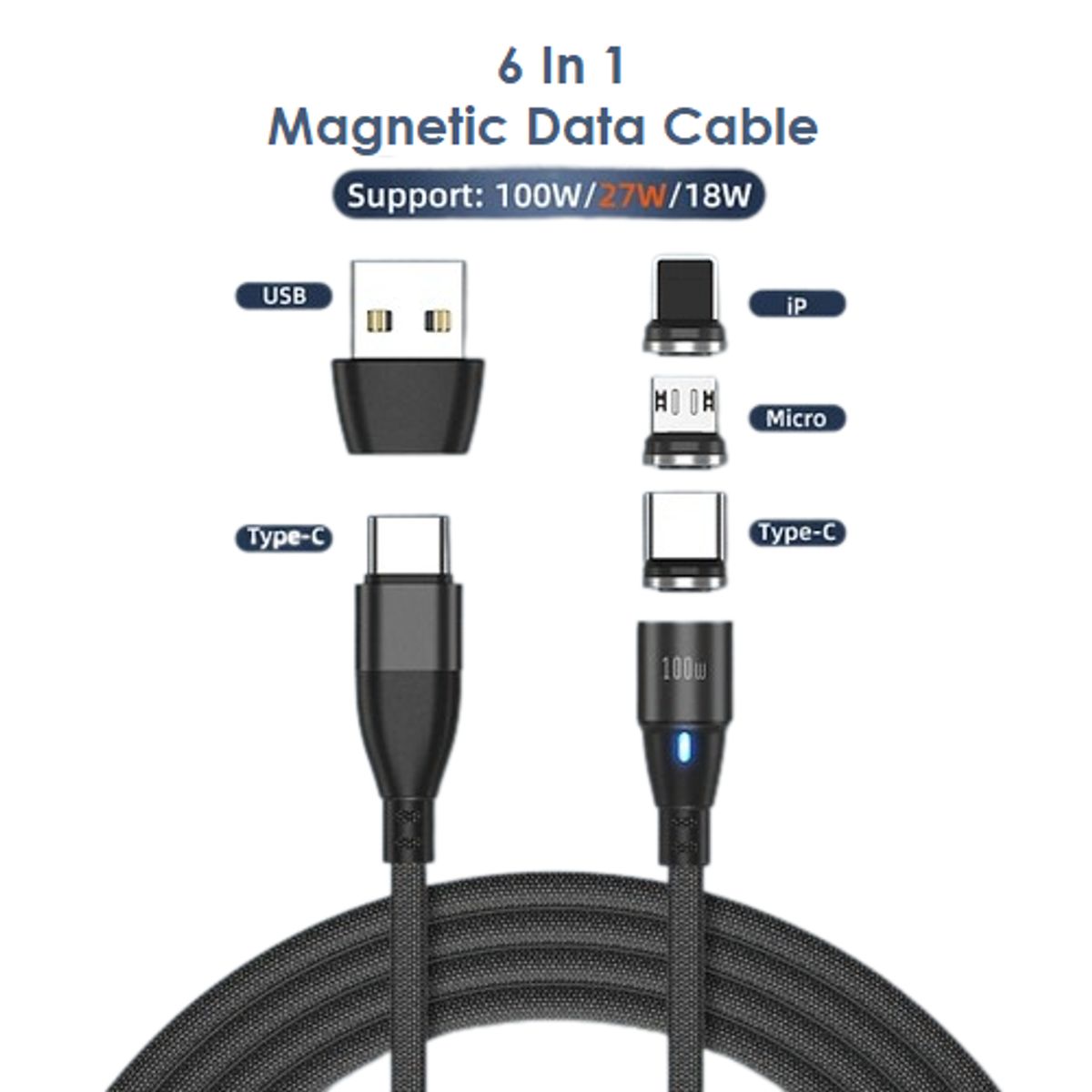 GREENPORT - Cable Cargador Magnético 100w Greenport 6 En 1 / 1 Metro - 360° -Negro