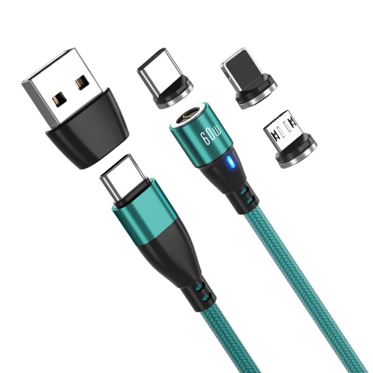 GREENPORT - Cable Cargador Magnético 60w Greenport 6 En 1 / 1 Metro - 360°-Verde