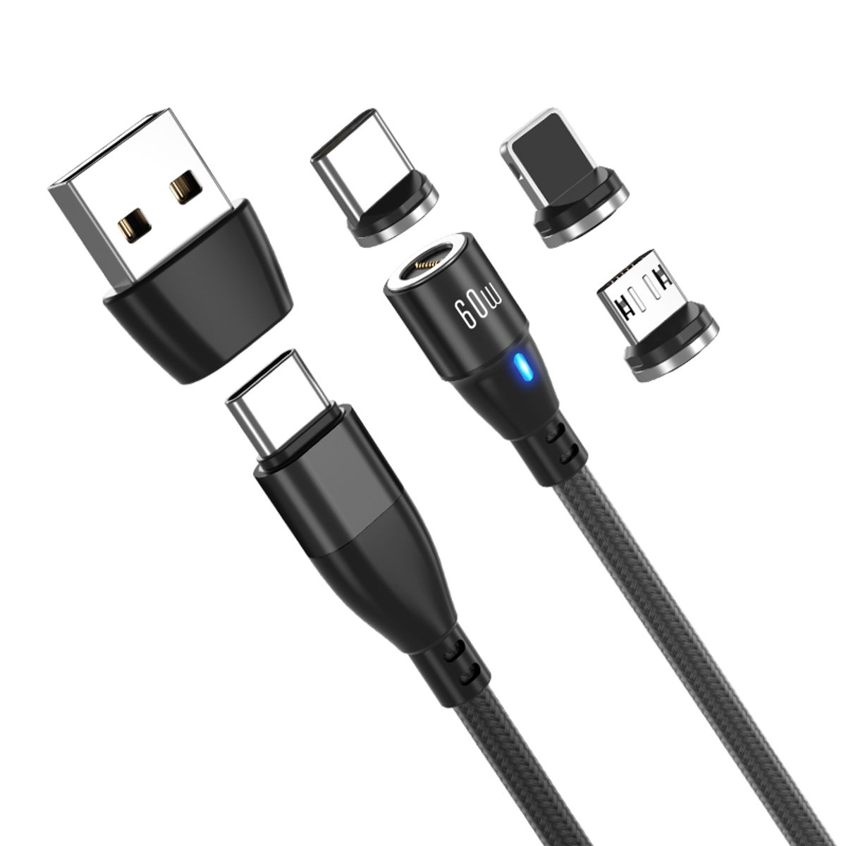 GREENPORT - Cable Cargador Magnético 60w Greenport 6 En 1 / 1 Metro - 360°-Negro