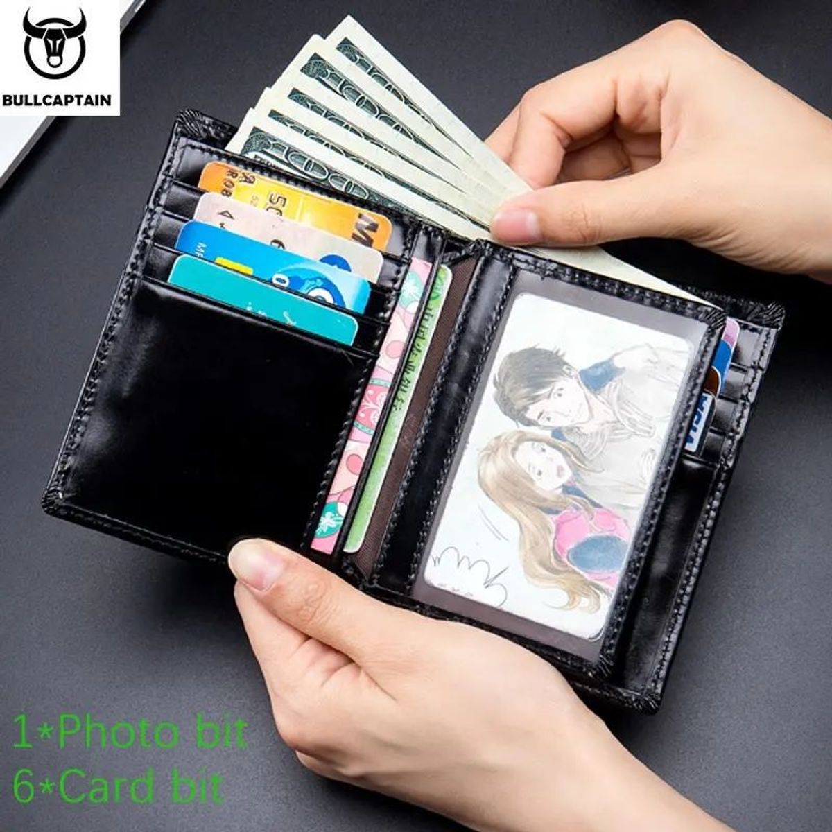 BULLCAPTAIN - BullCaptain - Billetera de Cuero Mate QB-0203-V-BK Negro