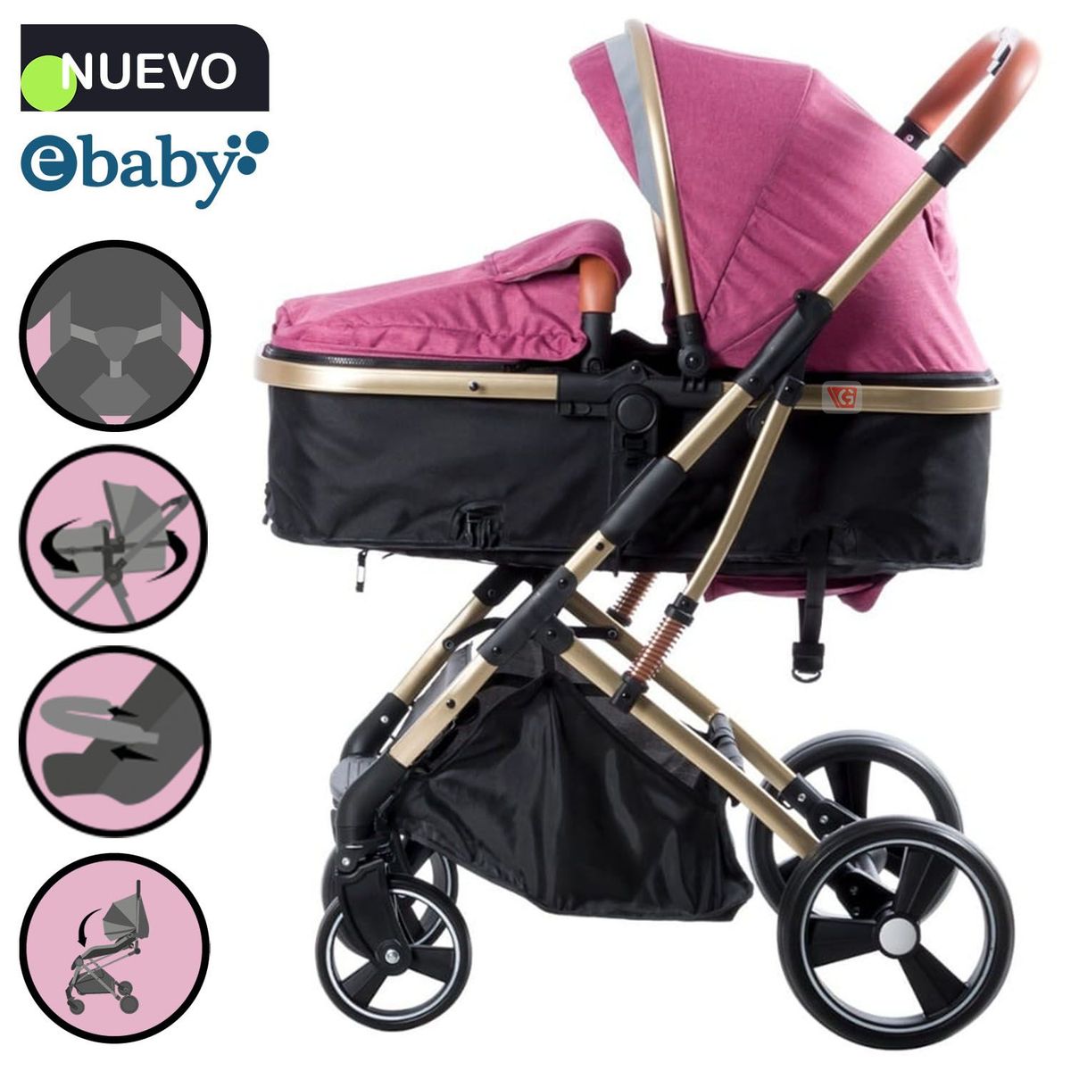 EBABY - Coche Cuna Moisés de Lujo «SATURNO» Rosado