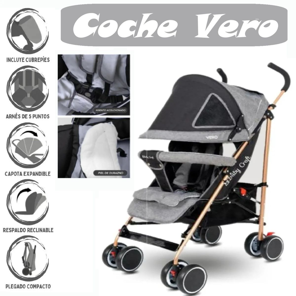 BABY HAPPY - Coche Baston Deportivo Baston Vero Plegable - Plomo