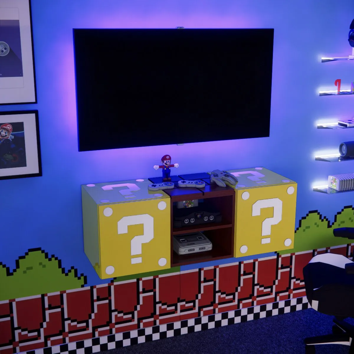 MOVENDA - Estante Flotante Gamer Mario NR 01 120cm Movenda Cerezo con Amarillo