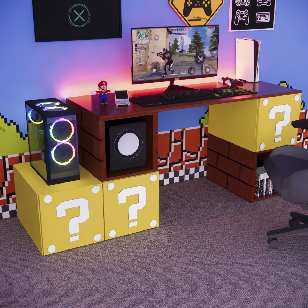 MOVENDA - Escritorio Gamer Mario NR 01 200cm Movenda Cerezo con Amarillo