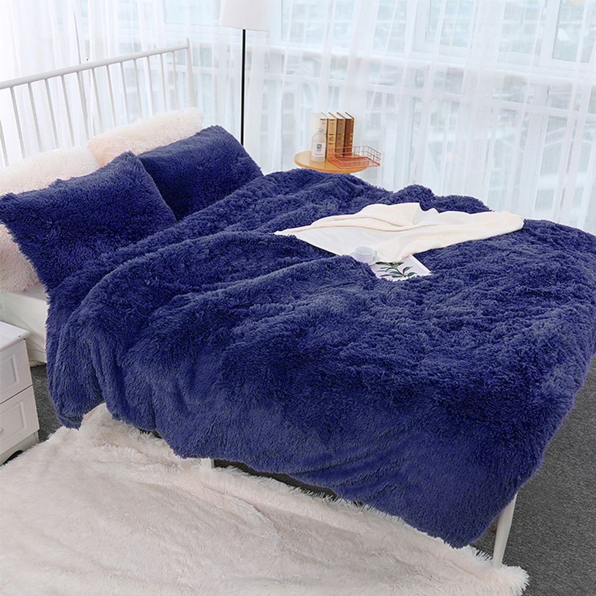 GENERICO - EDREDON QUEEN PELUCHE PELO CORTO azul