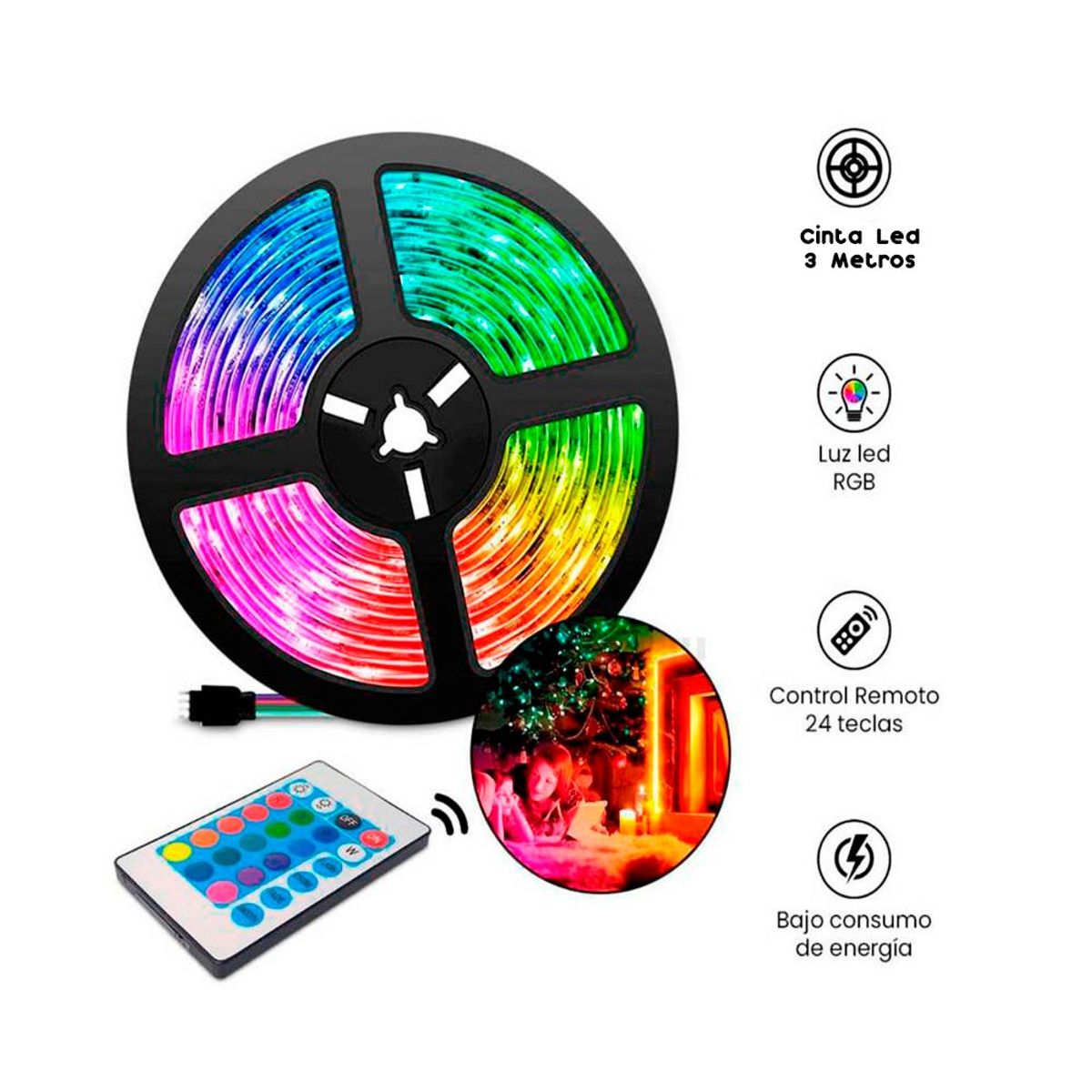 GENERICO - Cinta Tira Led Rgb 5050 X 3 metros + Control Remoto + Adapatador