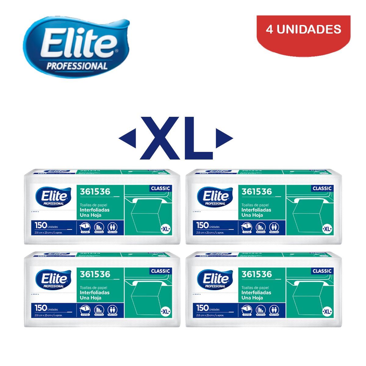 ELITE - Papel toalla UH interfoliada XL 150 hojas ELITE. Pack 4 und