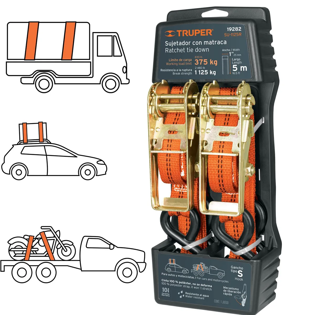 TRUPER - Sujetadores correa de carga auto motos 1125kg 2 piezas