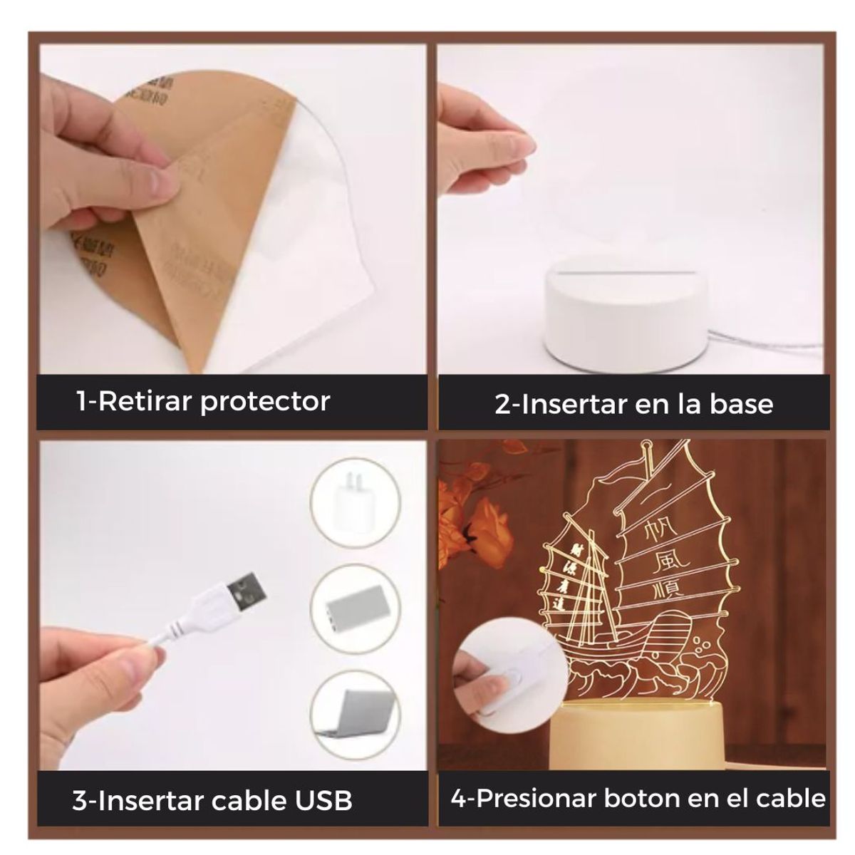 GENERICO - Lámpara de escritorio y luz nocturna diseño 3D carga  USB  Barco.