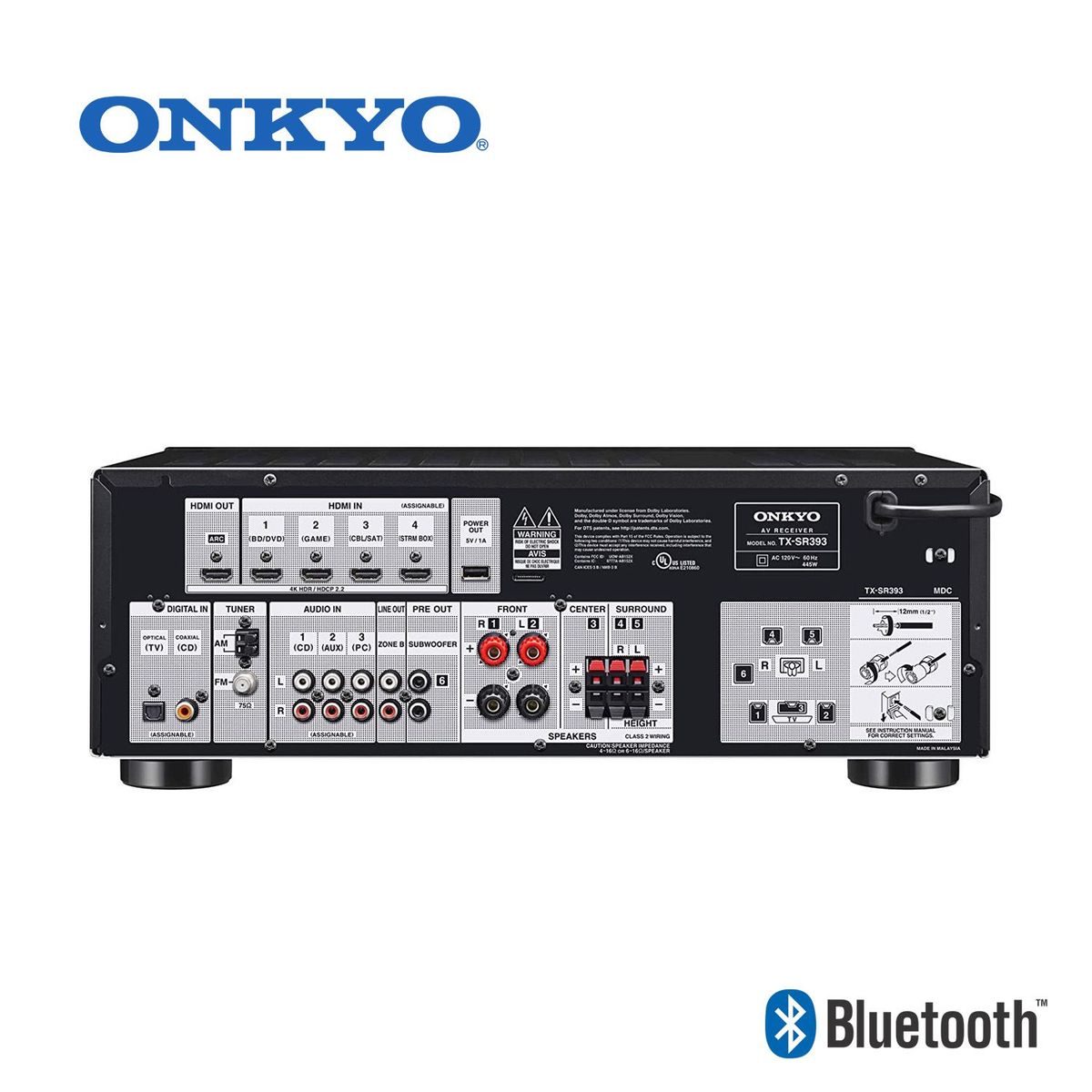 ONKYO - Amplificador Onkyo TX-SR393 Receptor AV 5.2 canales 4k Bth Version USA