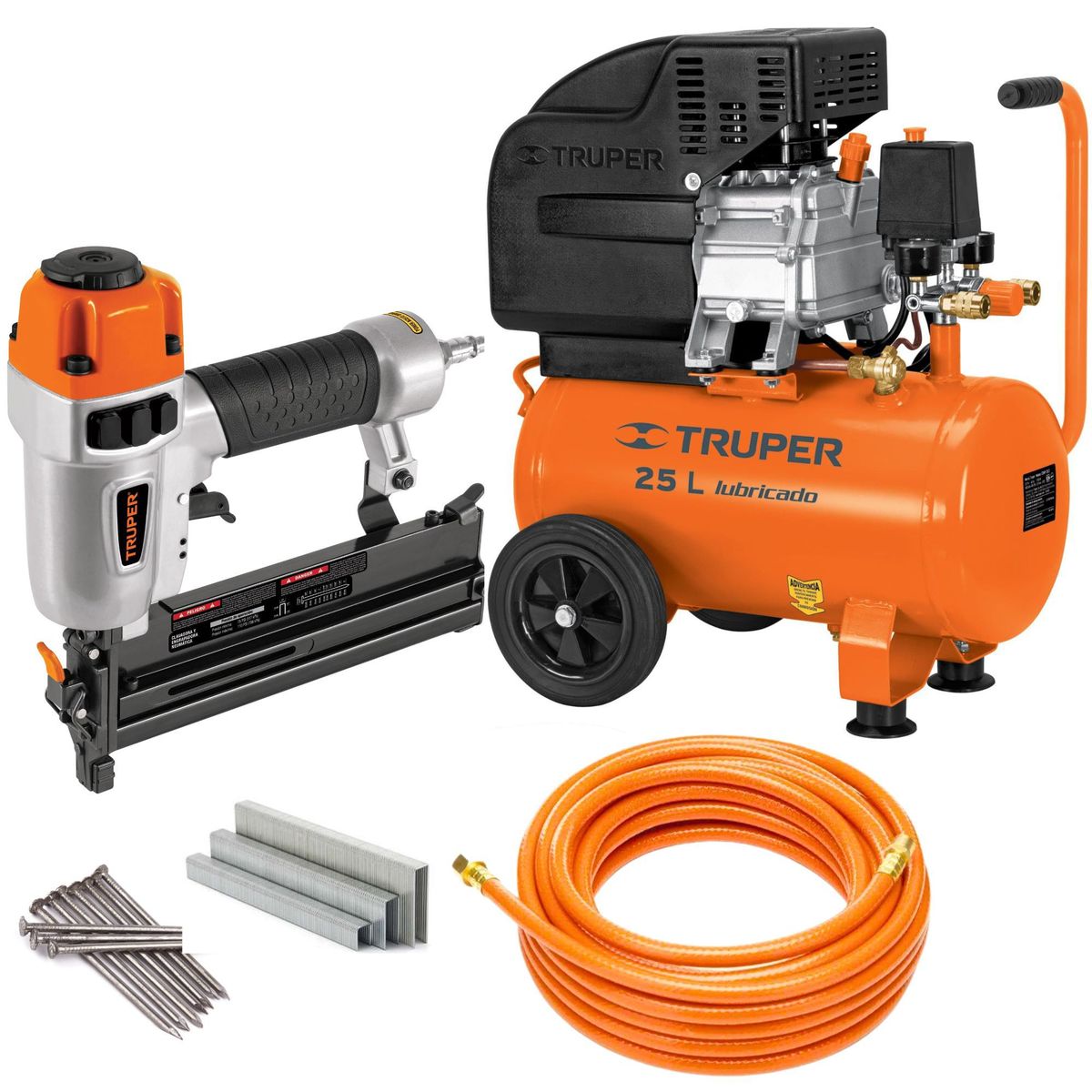 TRUPER - kit Compresor de aire 25L 3HP Clavadora engrapadora 18 manguera 10m