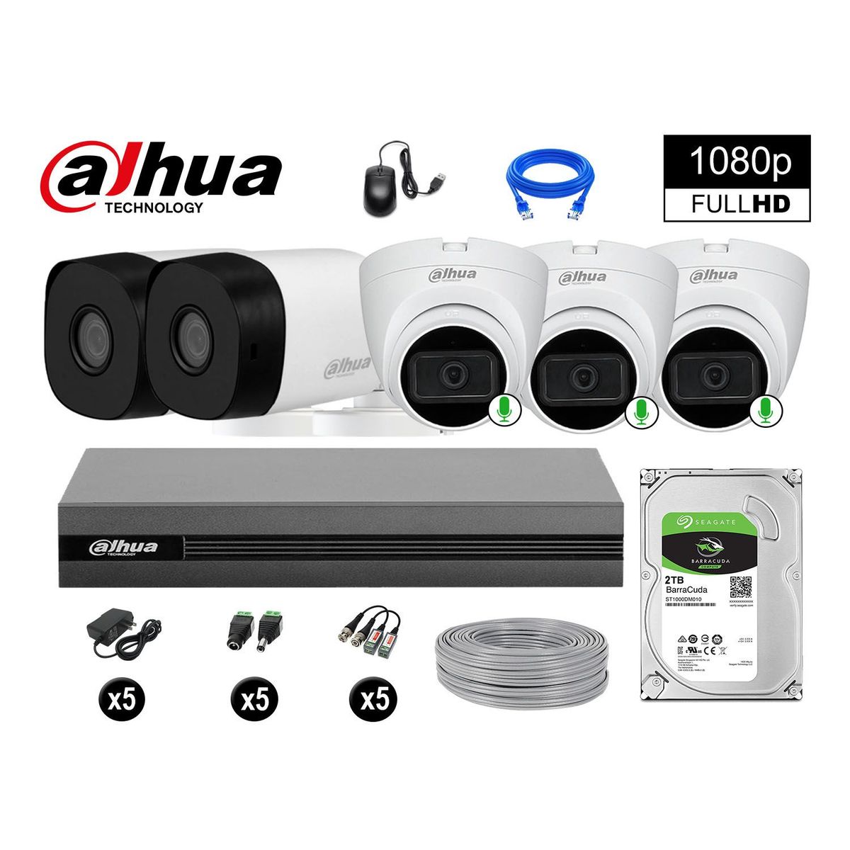 DAHUA - CÁMARAS SEGURIDAD KIT 5 FULL HD 03 CAMARA CON AUDIO INCORPORADO 2TB