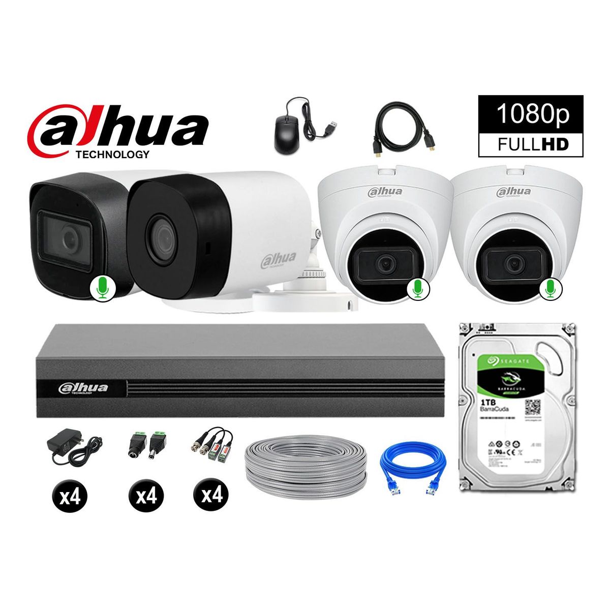 DAHUA - CÁMARAS SEGURIDAD KIT 4 FULL HD 3 CAMARA CON AUDIO INCORPORADO 1TB