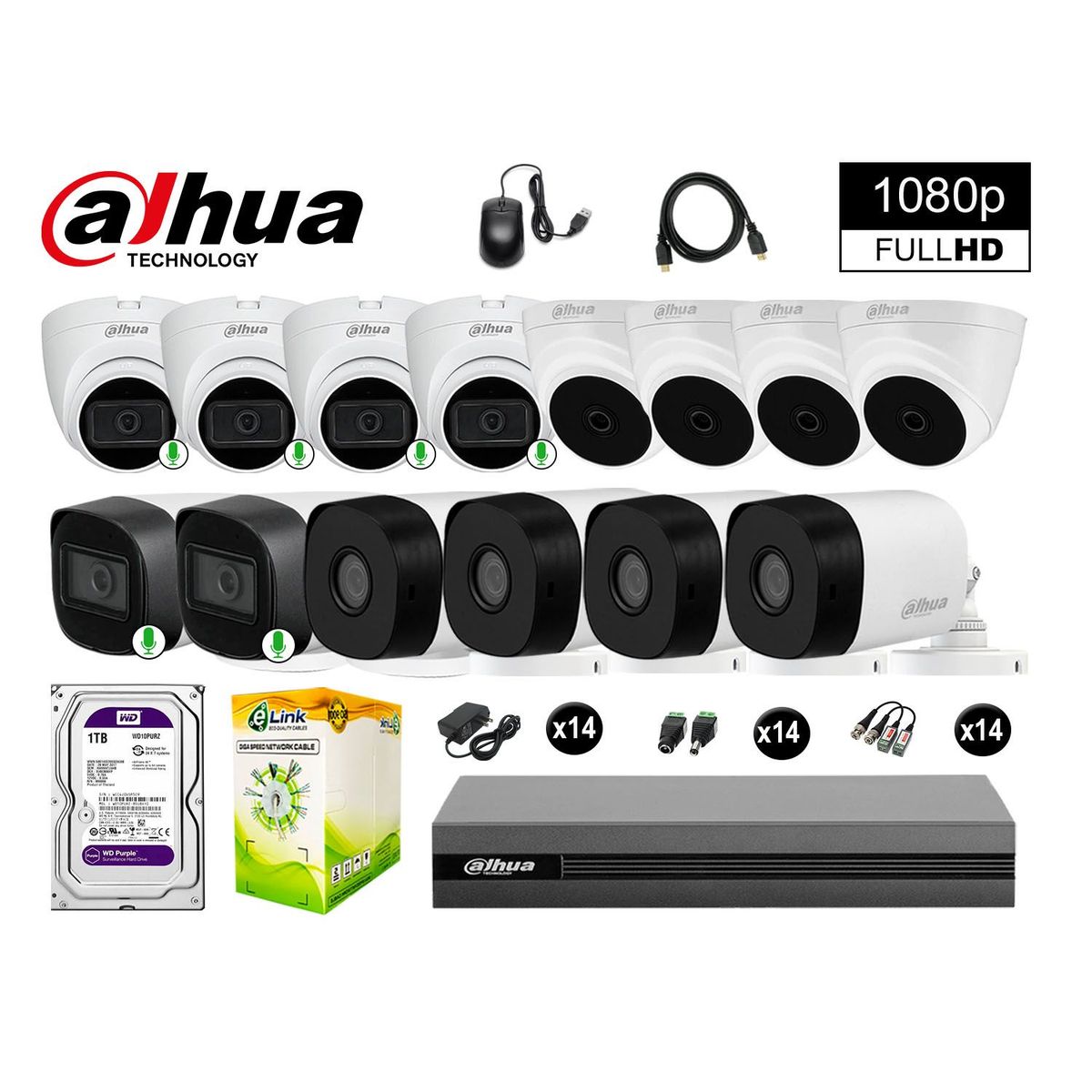DAHUA - CÁMARAS SEGURIDAD KIT 14 FULL HD 6 CAMARA CON AUDIO 1TB