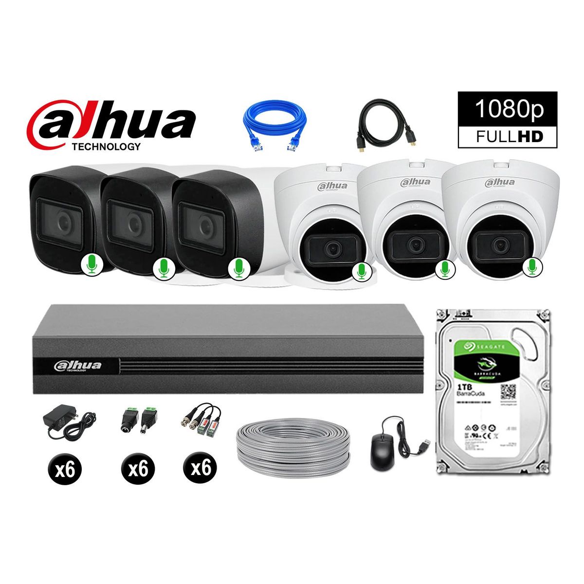 DAHUA - CÁMARAS SEGURIDAD KIT 6 FULL HD 1080P CON AUDIO INCORPORADO 1TB